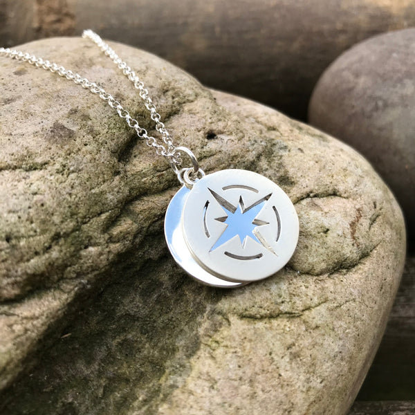 Brushed Compass Silhouette Pendant with Mirror Disc Sterling Silver