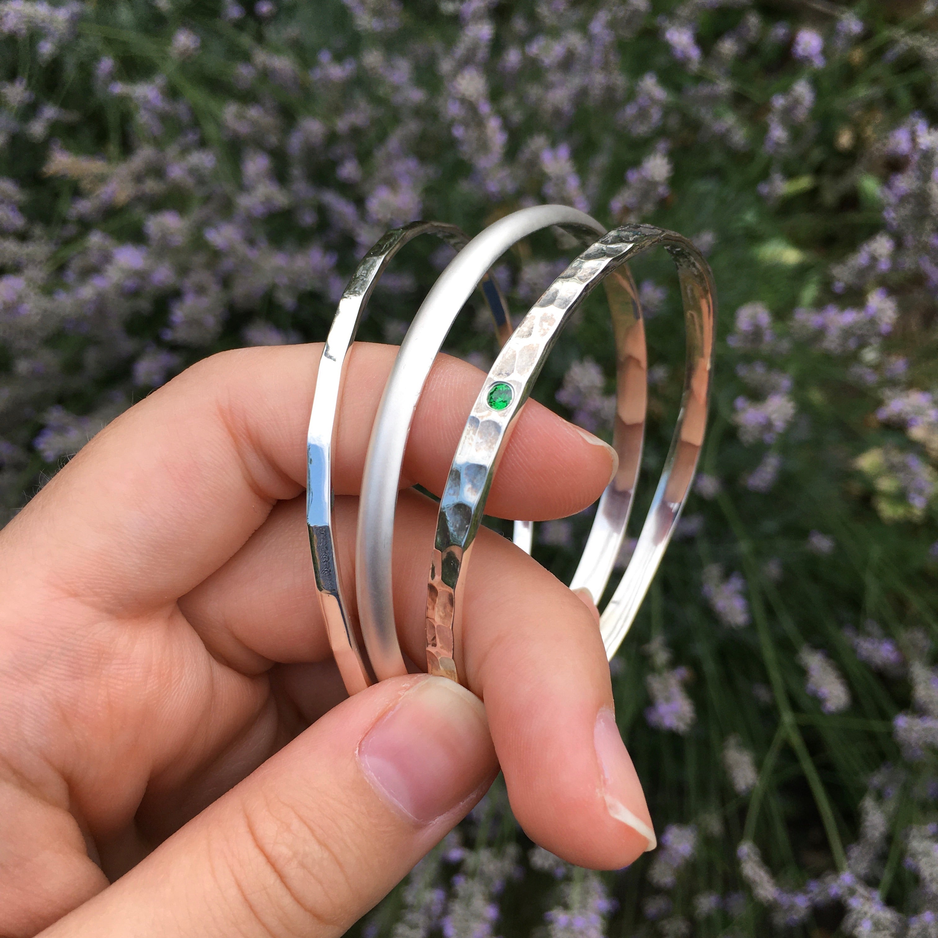 Hammered Birthstone Bangle Sterling Silver – Lime Tree Design
