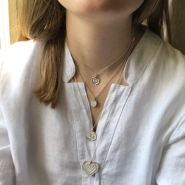 Small Forget Me Not Hexagon Amulet Necklace Sterling Silver