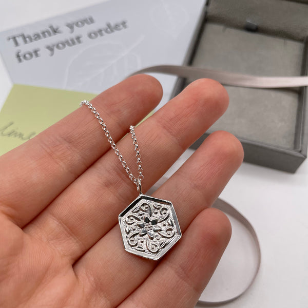 Flower Hexagon Amulet Necklace Sterling Silver