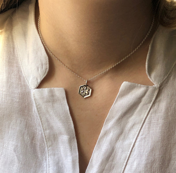 Small Forget Me Not Hexagon Amulet Necklace Sterling Silver