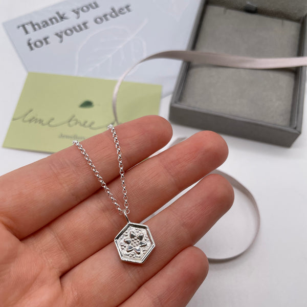 Small Forget Me Not Hexagon Amulet Necklace Sterling Silver
