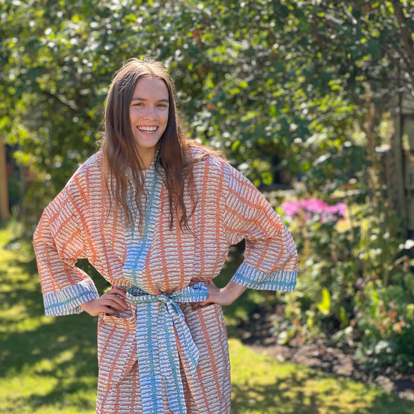 Orange and Turquoise Fish Cotton Full Length Kimono