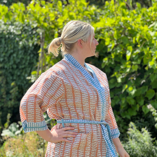 Orange and Turquoise Fish Cotton Full Length Kimono