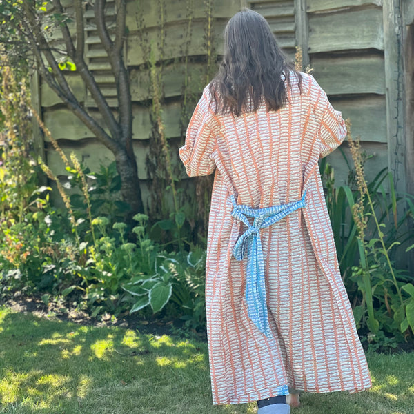 Orange and Turquoise Fish Cotton Full Length Kimono