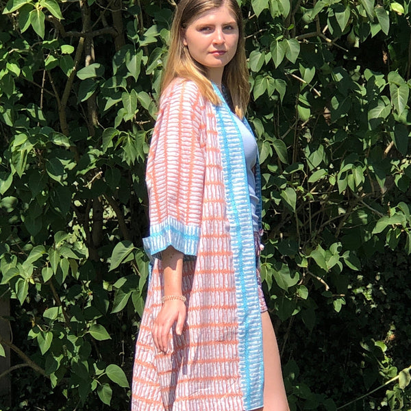 Orange and Turquoise Fish Cotton Full Length Kimono