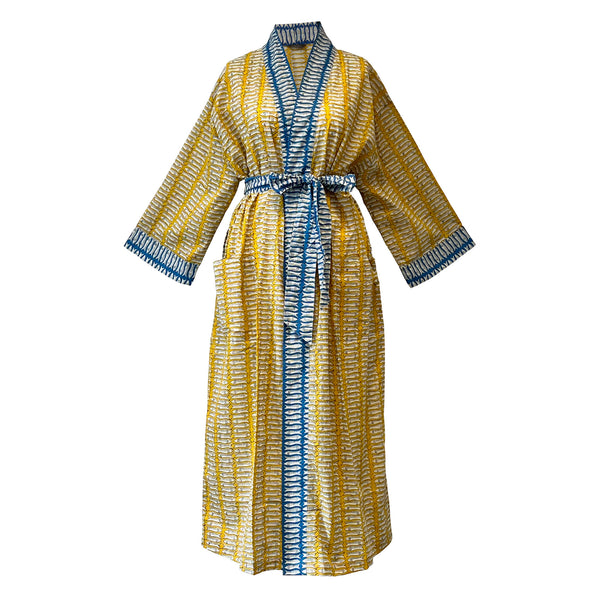 Ochre and Blue Fish Cotton Full Length Kimono