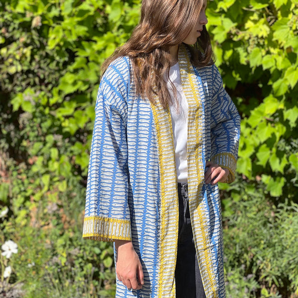 Full Length Cotton Kimono - Blue & Mustard Fish