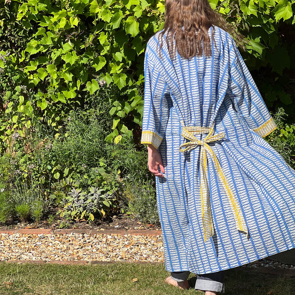 Full Length Cotton Kimono - Blue & Mustard Fish