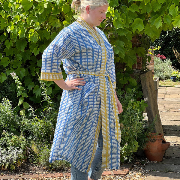 Full Length Cotton Kimono - Blue & Mustard Fish