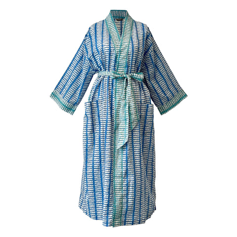 Blue and Turquoise Fish Cotton Full Length Kimono