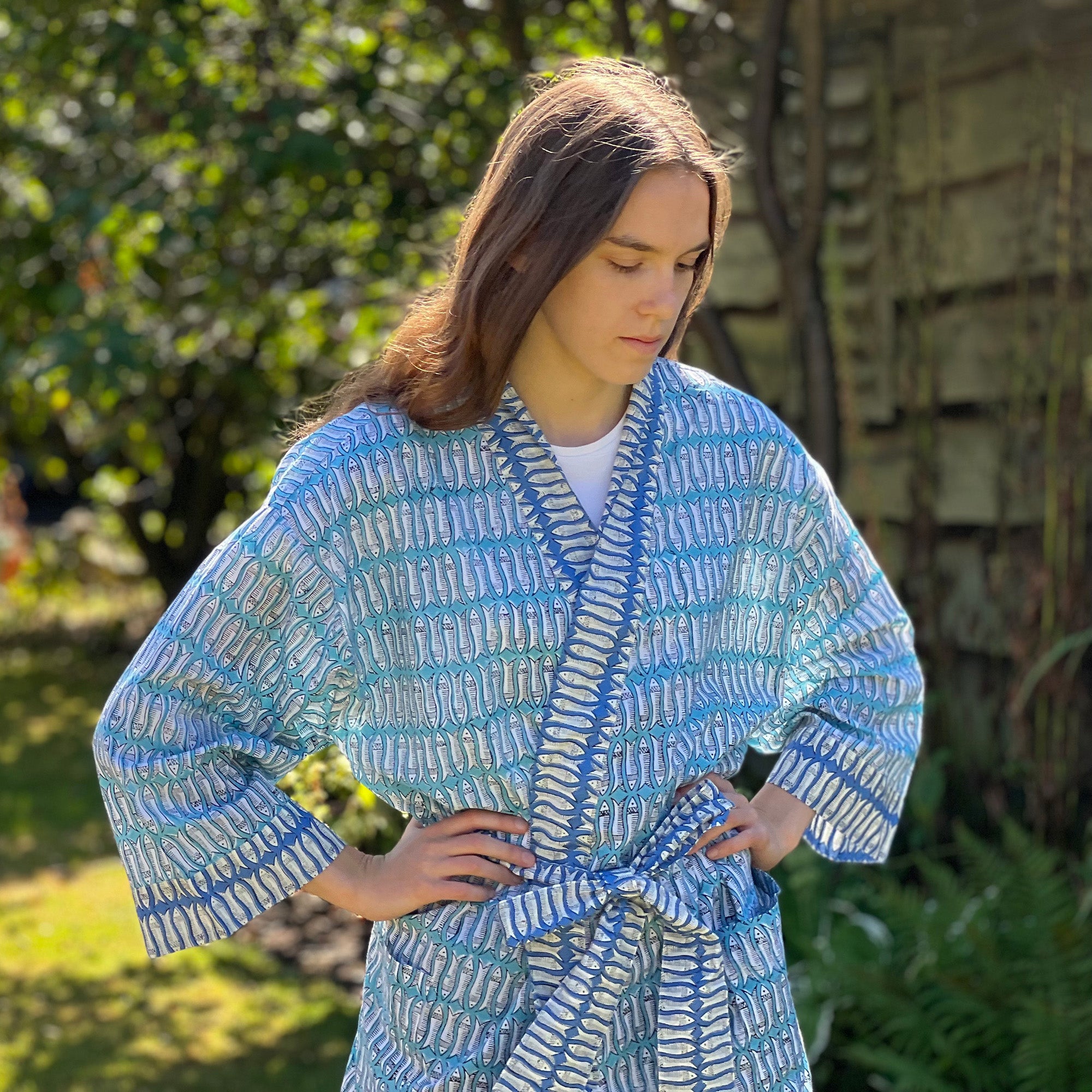 Full Length Cotton Kimono - Turquoise & Blue Fish