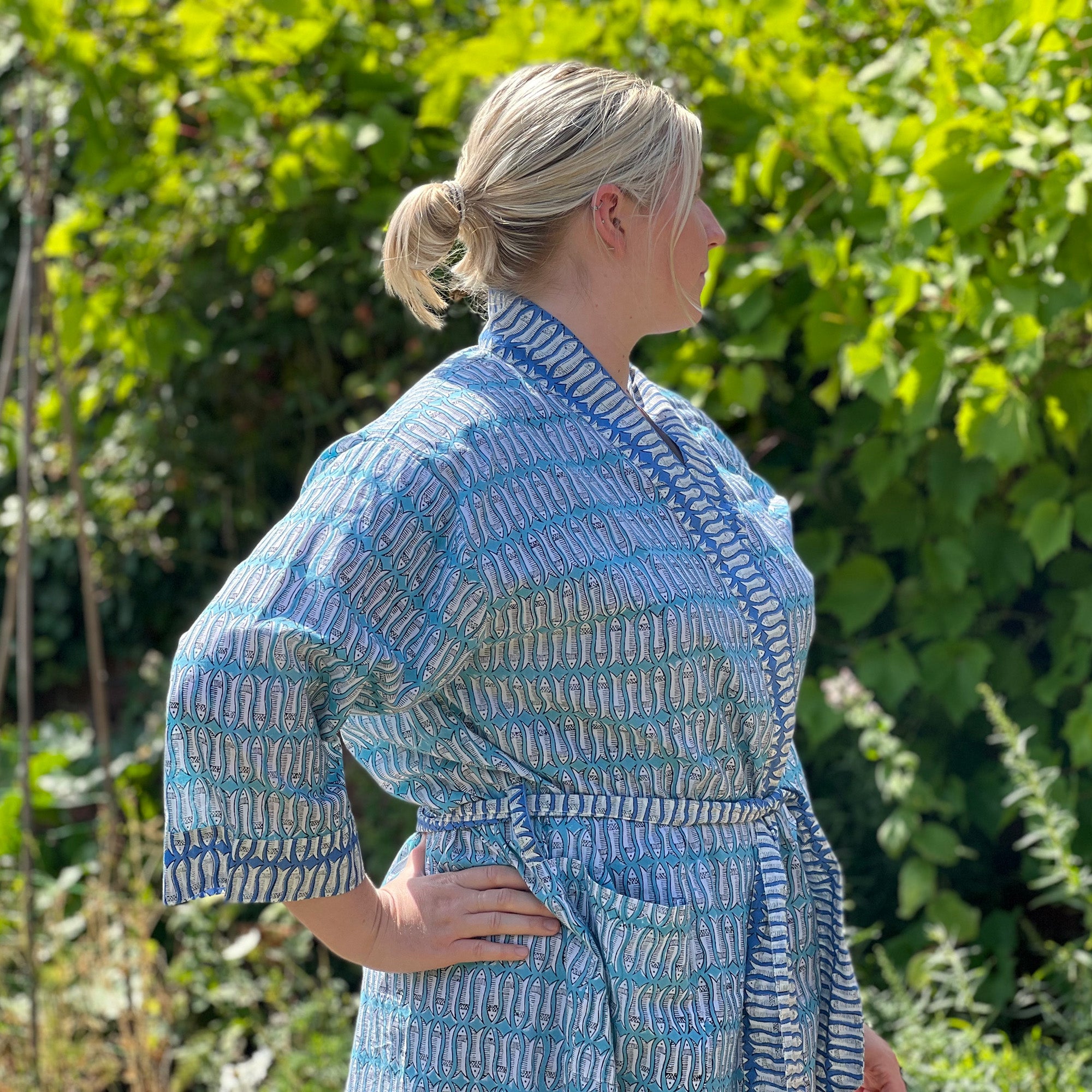 Full Length Cotton Kimono - Turquoise & Blue Fish