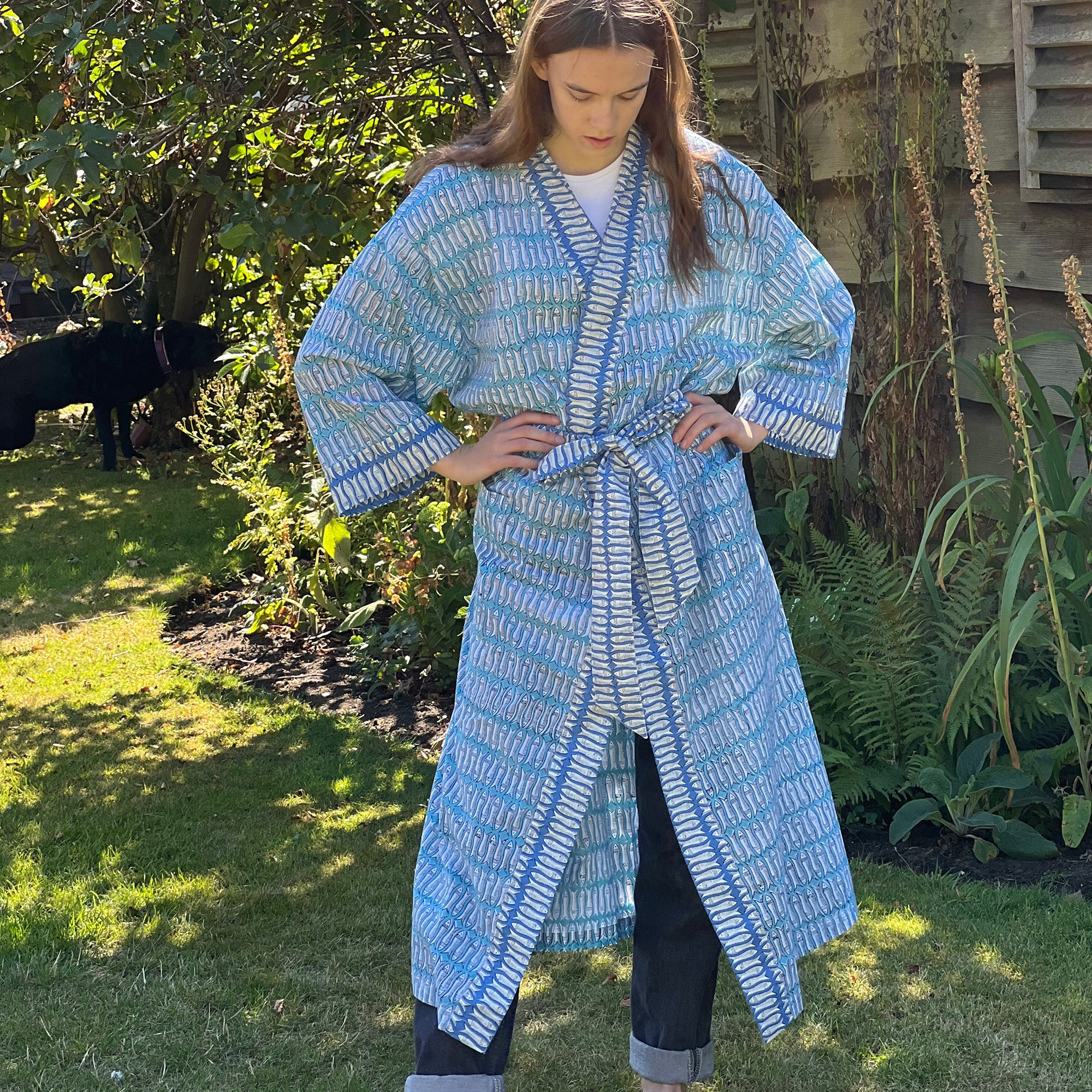 Full Length Cotton Kimono - Turquoise & Blue Fish