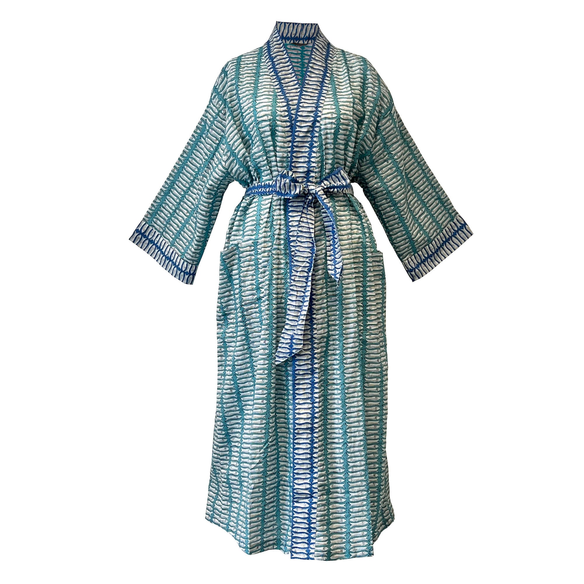 Turquoise and Blue Fish Cotton Full Length Kimono