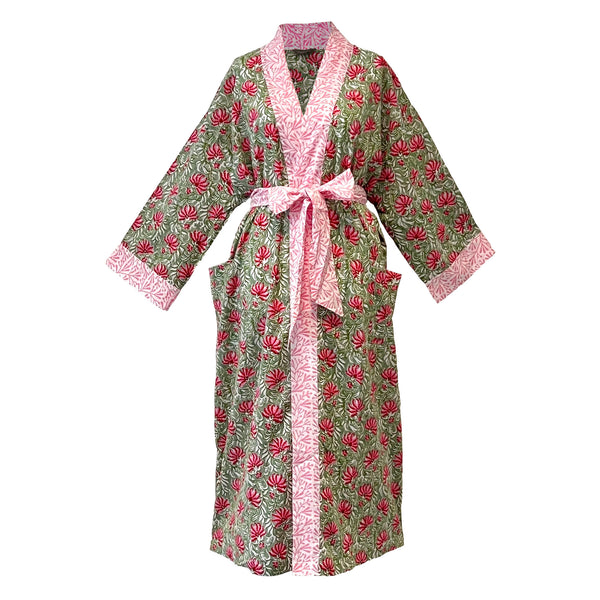 Pink and Green Floral Cotton Full Length Kimono