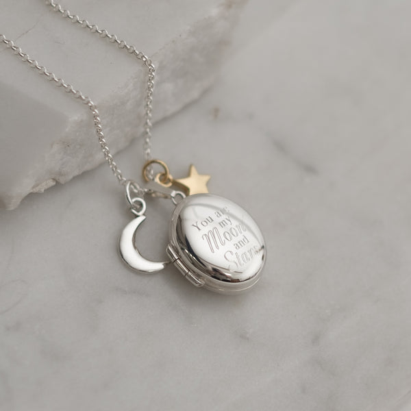 Personalised 'You are my moon and stars' Oval Locket Necklace Sterling Silver