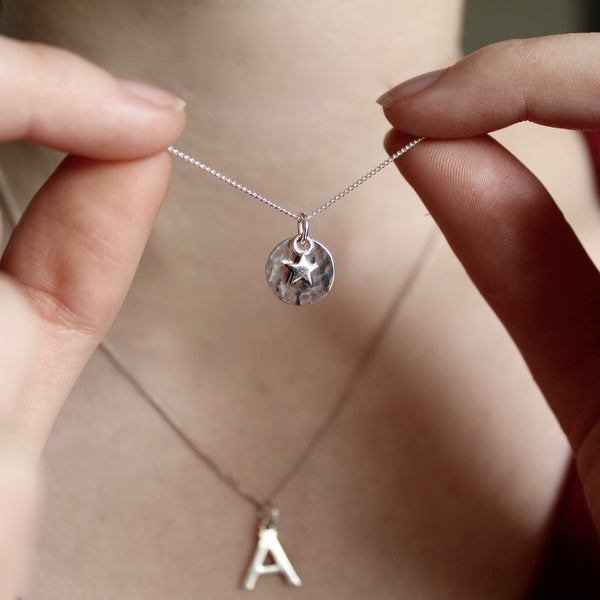 Mini Hammered Disc with Star Necklace Sterling Silver