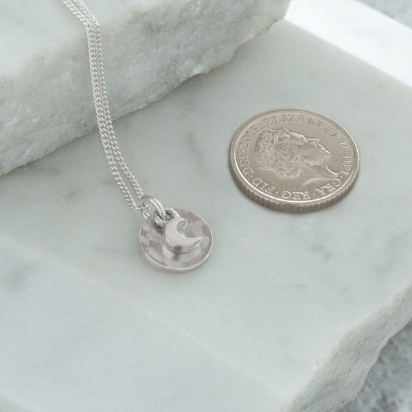 Mini Hammered Disc with Moon Necklace Sterling Silver