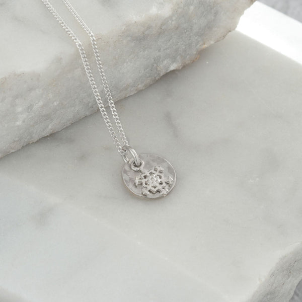 Mini Hammered Disc with Snowflake Necklace Sterling Silver