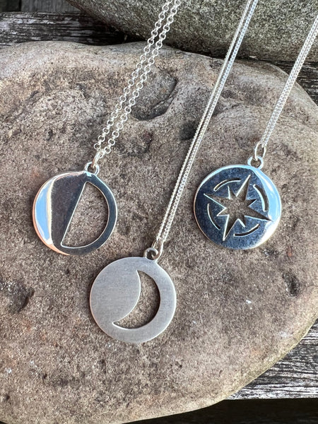 Crescent Moon Silhouette Pendant Necklace Sterling Silver