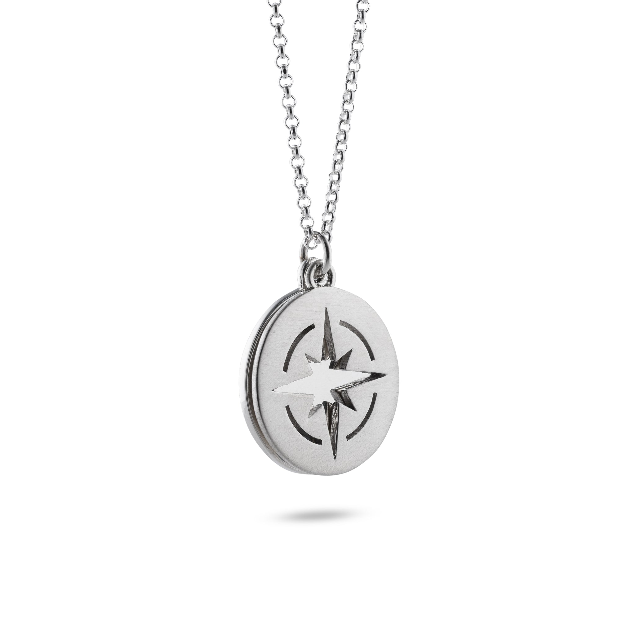 Brushed Compass Silhouette Pendant with Mirror Disc Sterling Silver