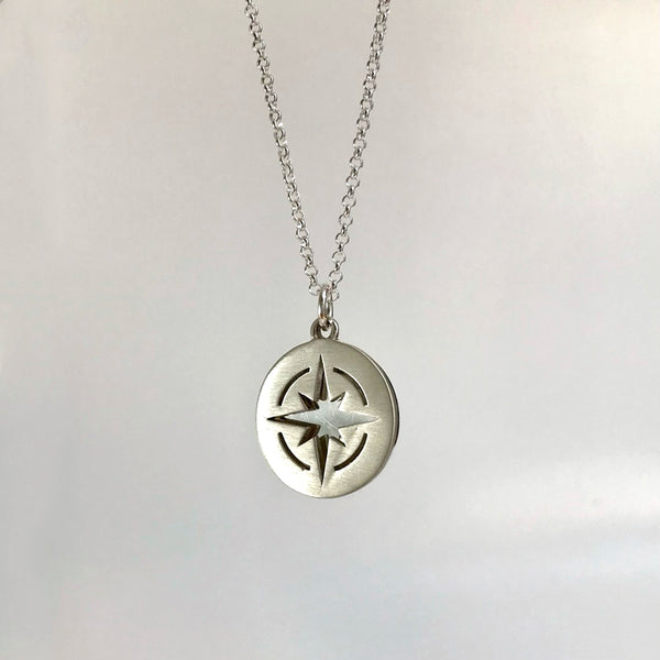 Brushed Compass Silhouette Pendant with Mirror Disc Sterling Silver