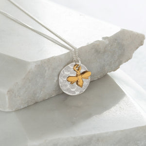 Hammered Disc with Bee Necklace Sterling Silver and Vermeil