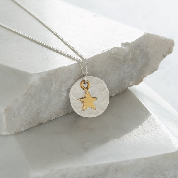 Hammered Disc with Star Necklace Sterling Silver and Vermeil