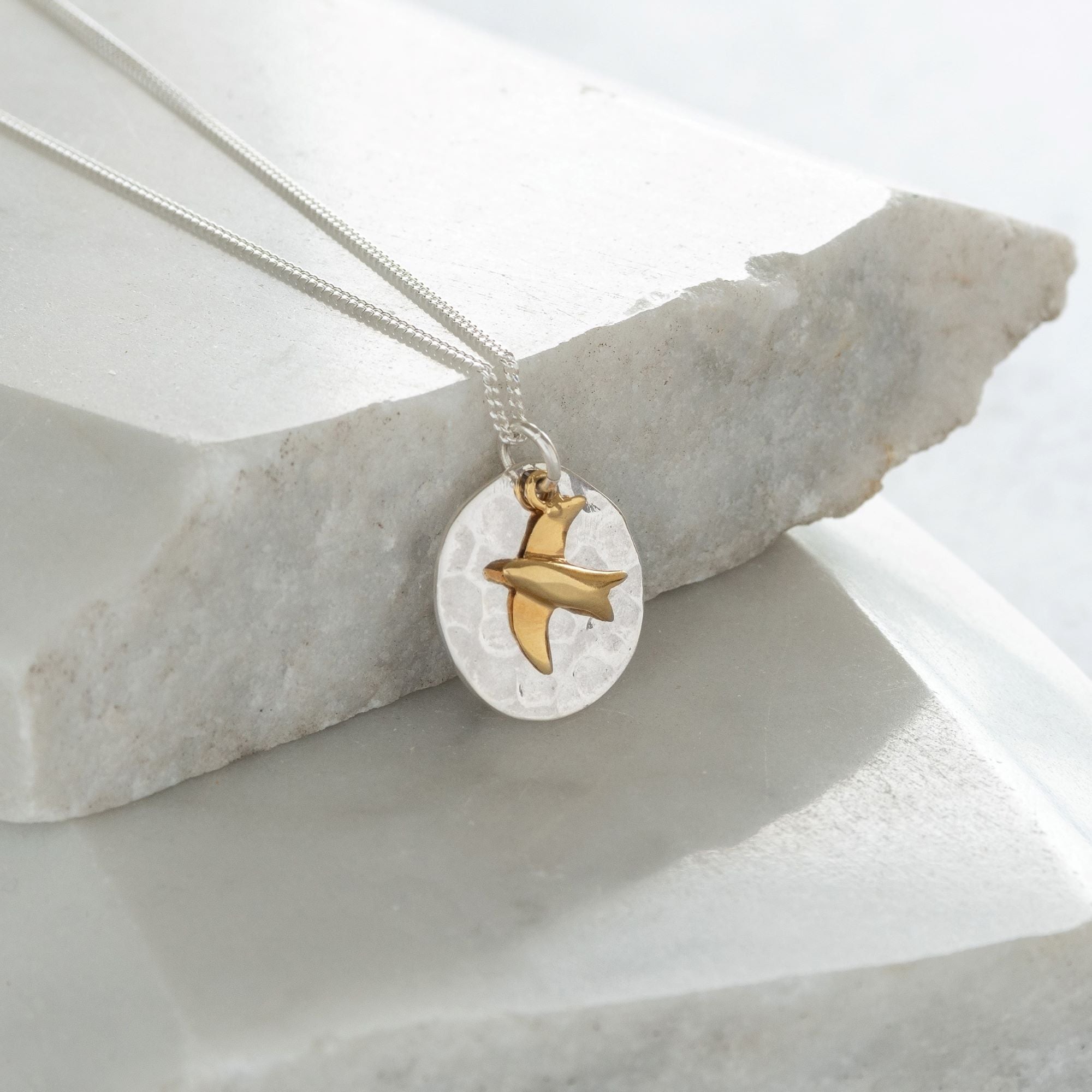 Hammered Disc with Swallow Necklace Sterling Silver and Vermeil