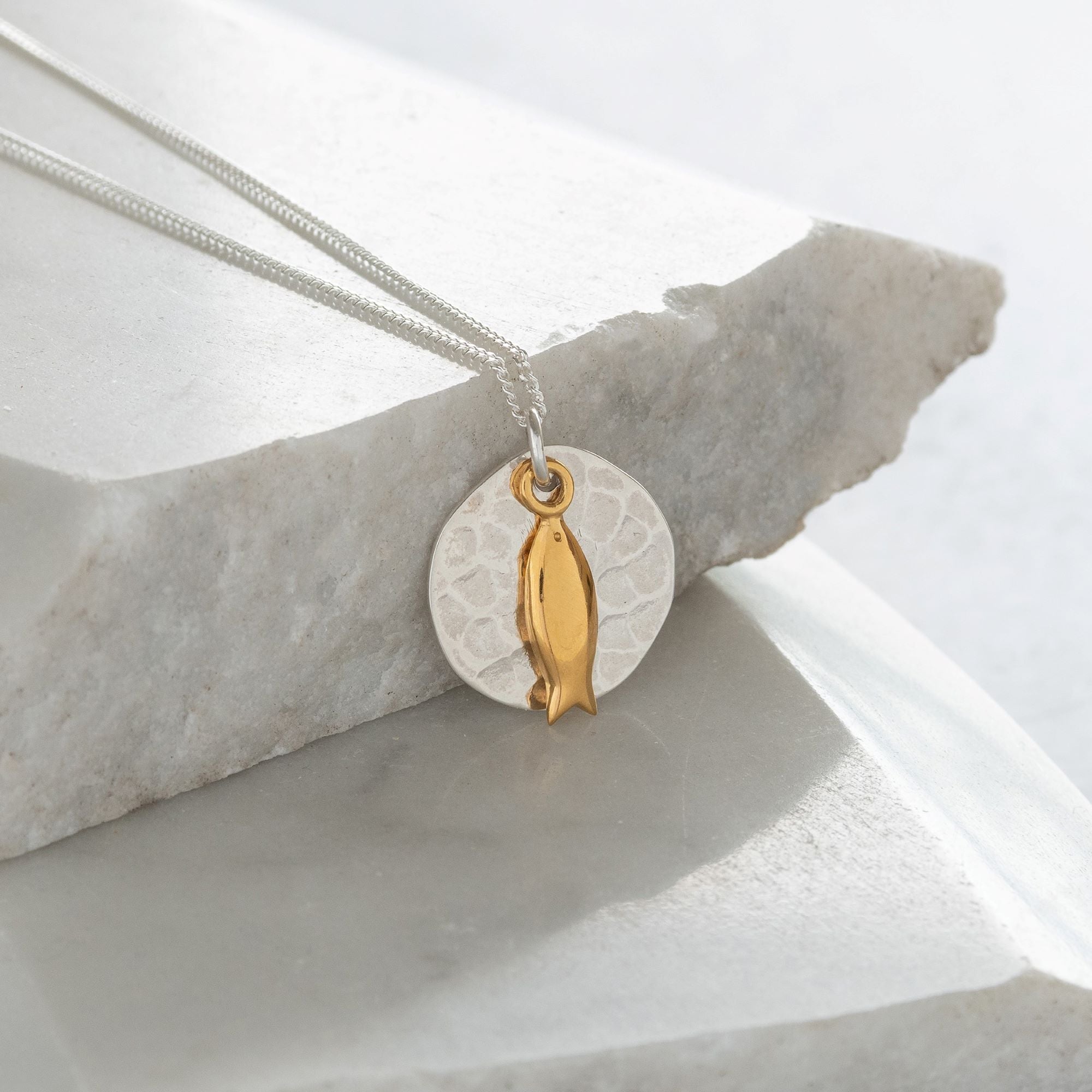 Hammered Disc with Fish Necklace Sterling Silver and Vermeil