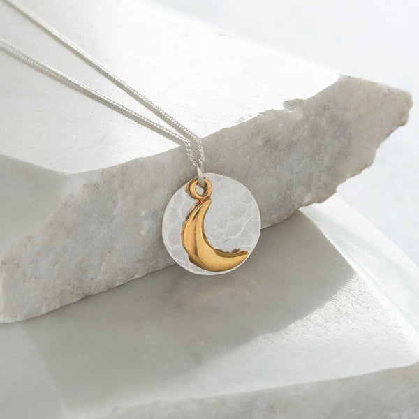Hammered Disc with Moon Necklace Sterling Silver and Gold Vermeil