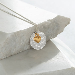 Hammered Disc with Heart Necklace Sterling Silver and Vermeil