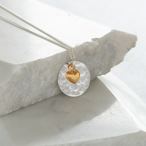 Hammered Disc with Heart Necklace Sterling Silver and Vermeil