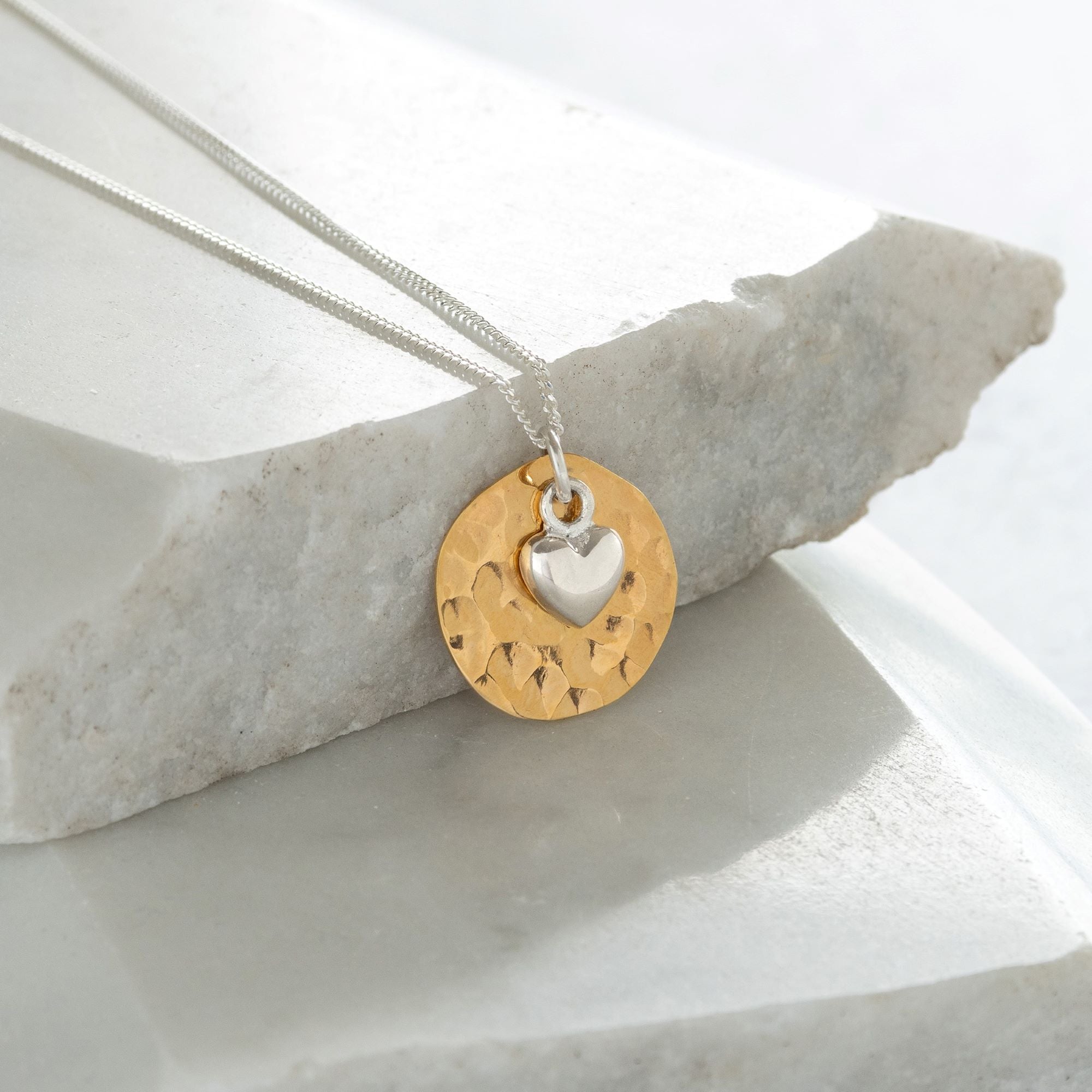 Hammered Disc with Heart Gold Vermeil and Sterling Silver