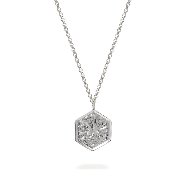 Flower Hexagon Amulet Necklace Sterling Silver