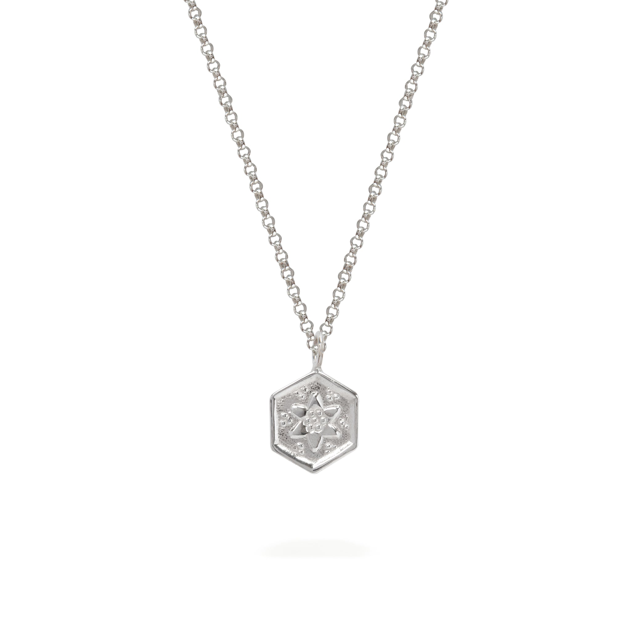 Small Forget Me Not Hexagon Amulet Necklace Sterling Silver