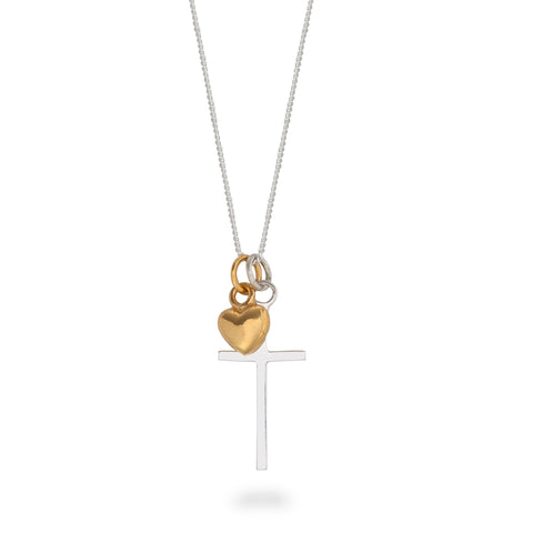 Cross and Heart Necklace Sterling Silver and Gold Vermeil