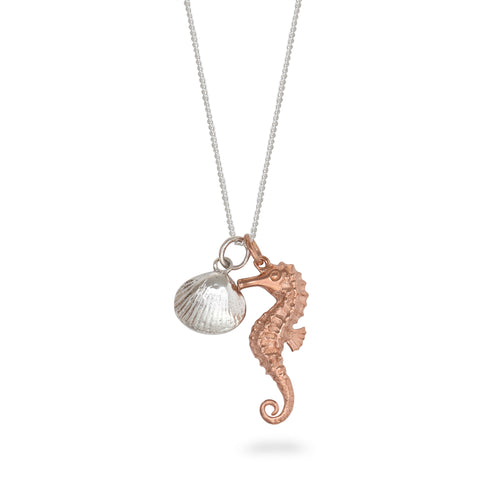 Seahorse and Shell Necklace Sterling Silver and Rose Gold Vermeil