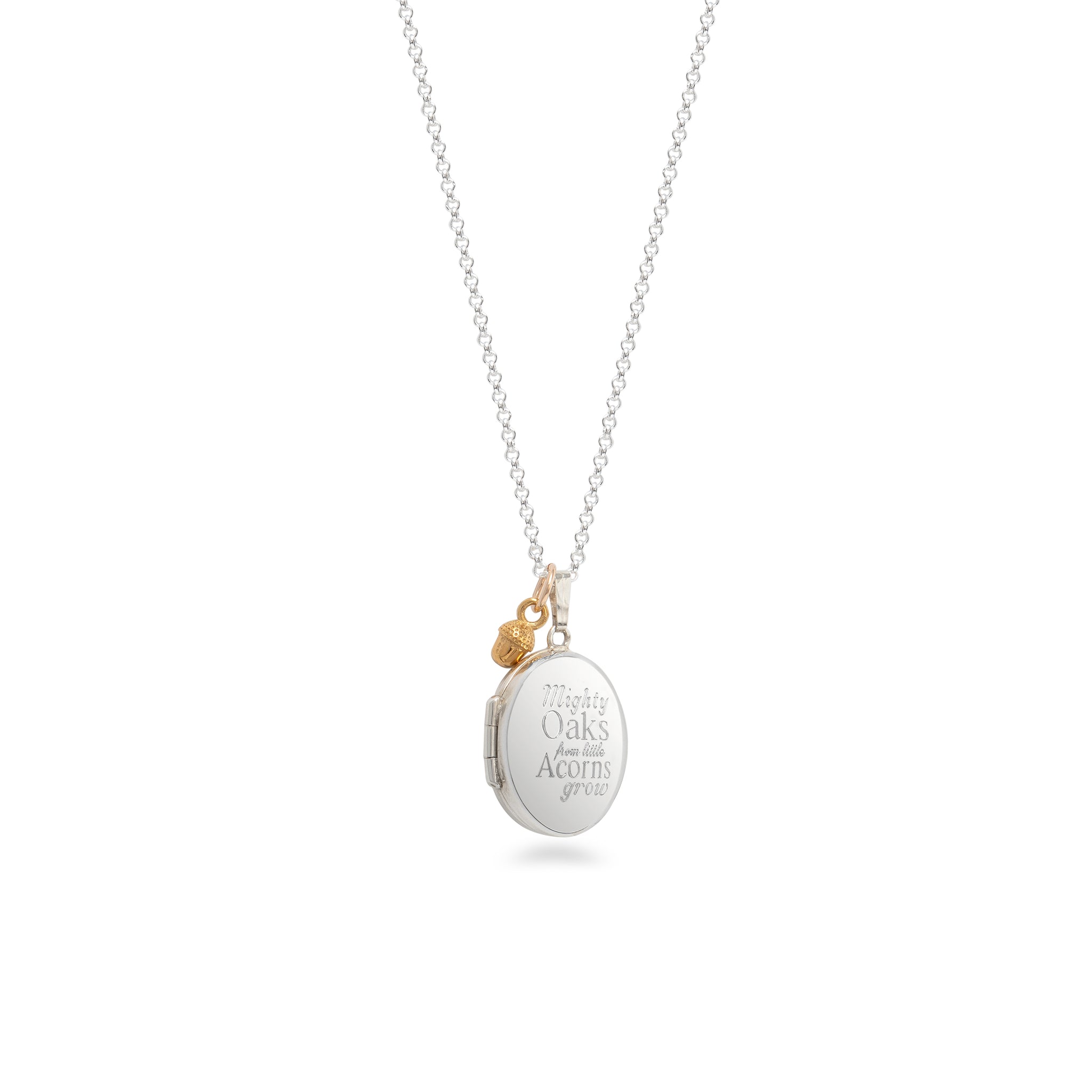 Personalised 'Mighty oaks from little acorns grow' Oval Locket Necklace Sterling Silver