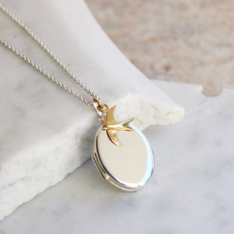Personalised Oval Locket with Swallow Necklace Sterling Silver