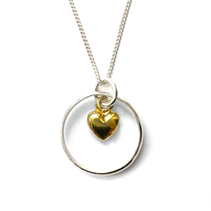 Silver Ring Necklace with Gold Vermeil Heart Charm