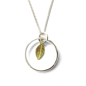 Silver Ring Necklace with Gold Vermeil Leaf Charm