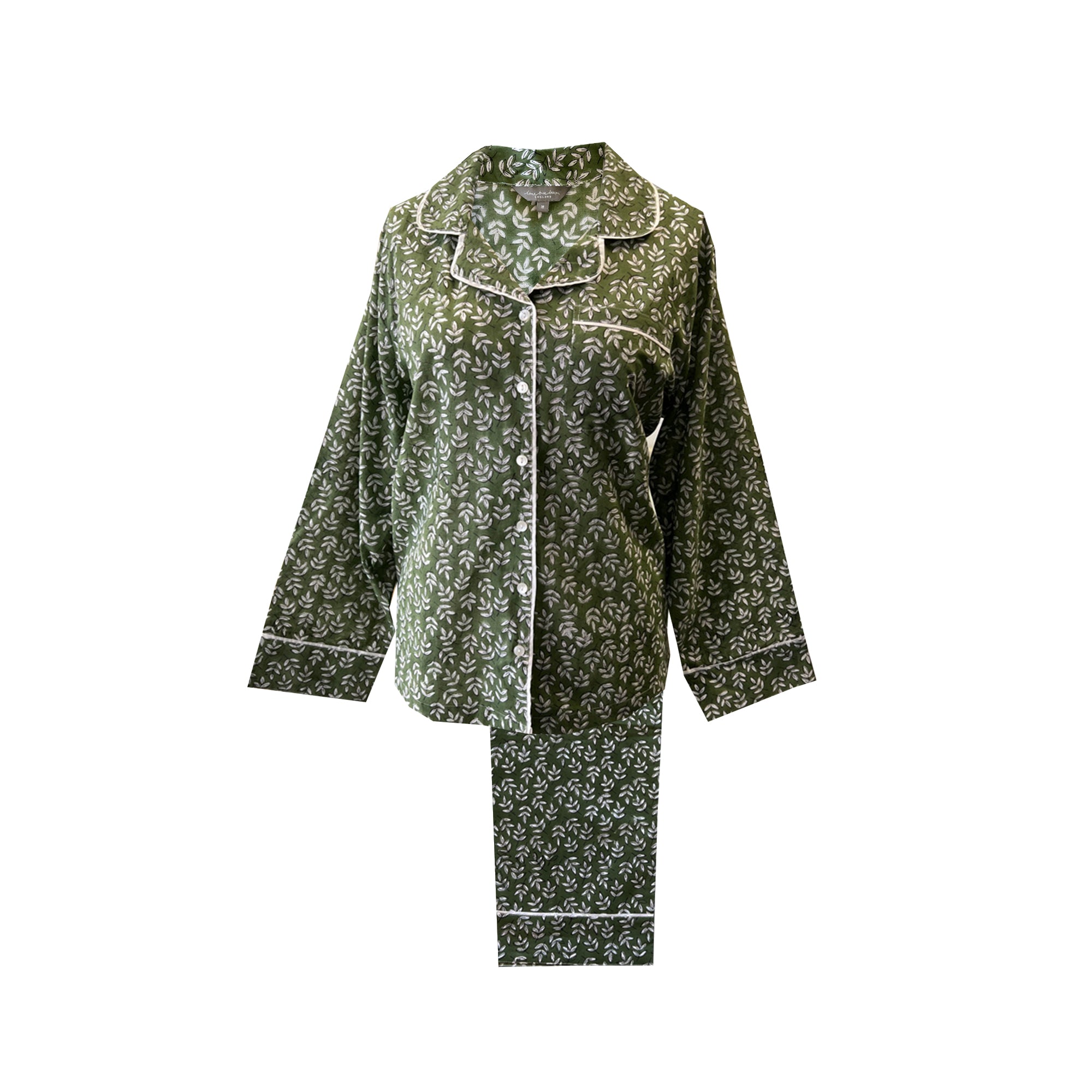 green leaf pyjamas made from block print cotton 