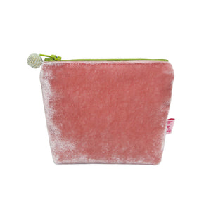 pale pink small velvet purse with green zip and white beaded zip pull