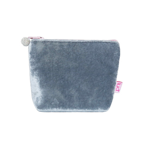 small grey velvet purse with pale pink zip and white beaded zip pull.