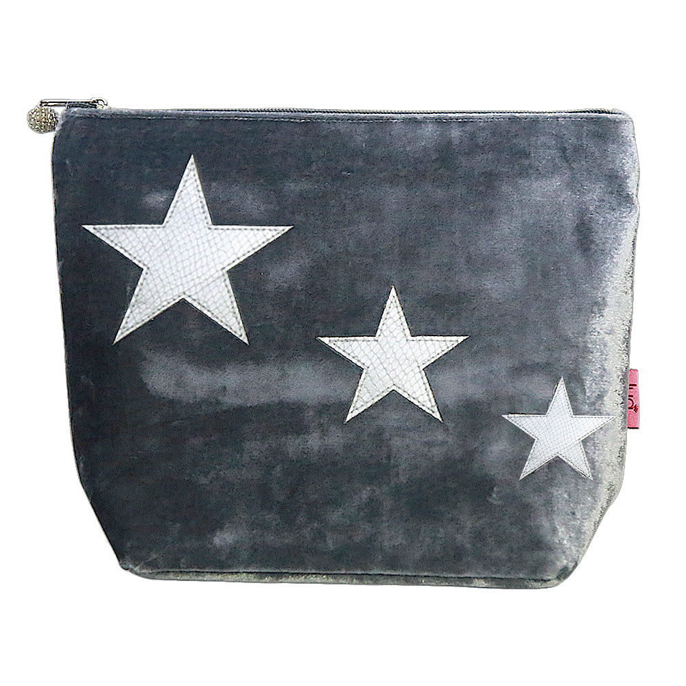 Large Velvet Cosmetic Purse with Star Appliqué: Grey