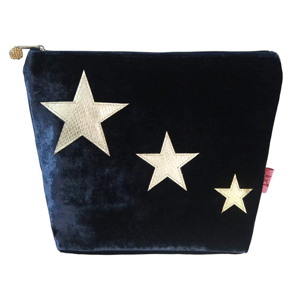Large Velvet Cosmetic Purse with Star Appliqué: Navy