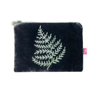 dark grey velvet purse with sage green embroidered fern 