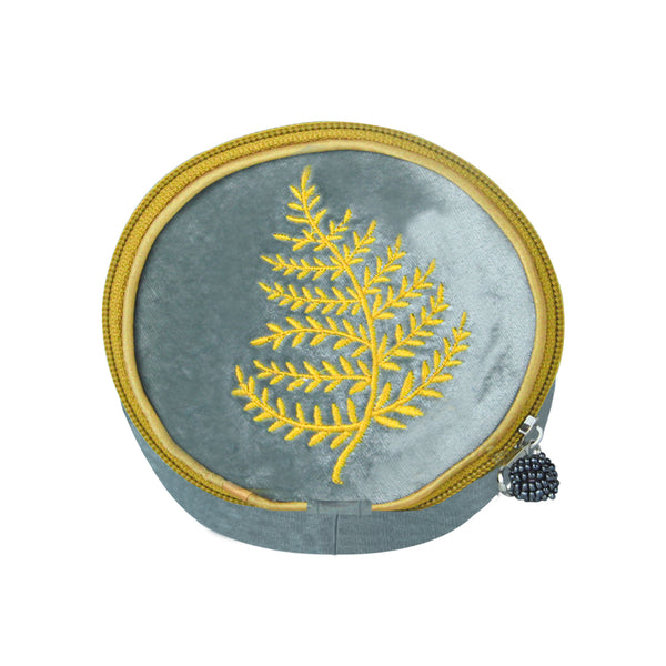 Velvet Jewellery Round Purse with Fern Embroidery: Light Grey